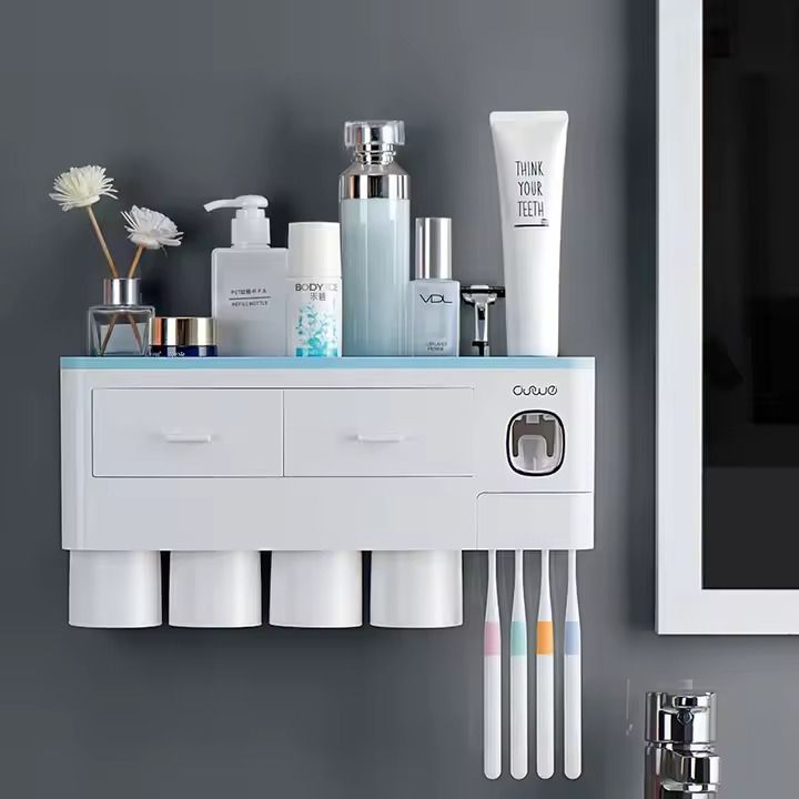 Bathroom Storage Rack Multipurpose 4 Cups Toothbrush Holder Punch-free Automatic Toothpaste Dispenser