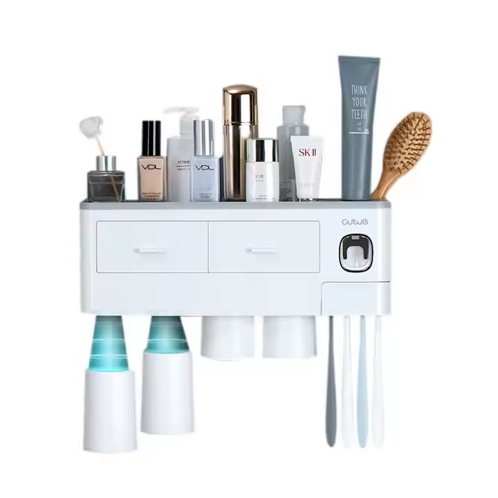 Bathroom Storage Rack Multipurpose 4 Cups Toothbrush Holder Punch-free Automatic Toothpaste Dispenser