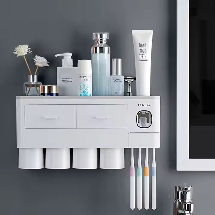 Bathroom Storage Rack Multipurpose 4 Cups Toothbrush Holder Punch-free Automatic Toothpaste Dispenser