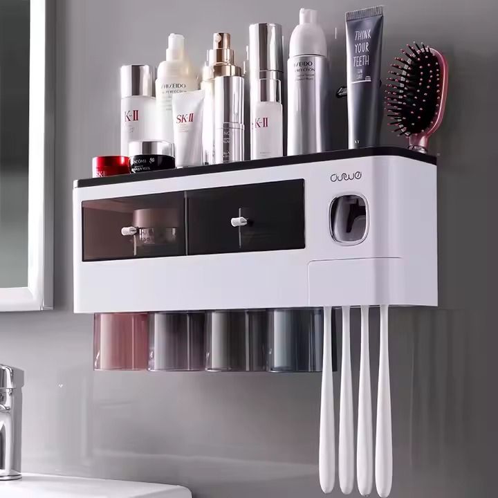Bathroom Storage Rack Multipurpose 4 Cups Toothbrush Holder Punch-free Automatic Toothpaste Dispenser