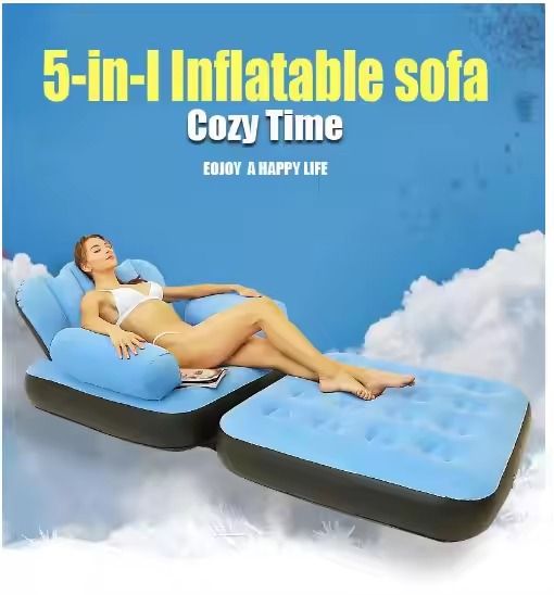 5 In 1 Inflatable Couch Lazy Sofa Bed With L-shaped Armrest / 1 Seater Grey Sofa Pull Out Bed With Electric Pump