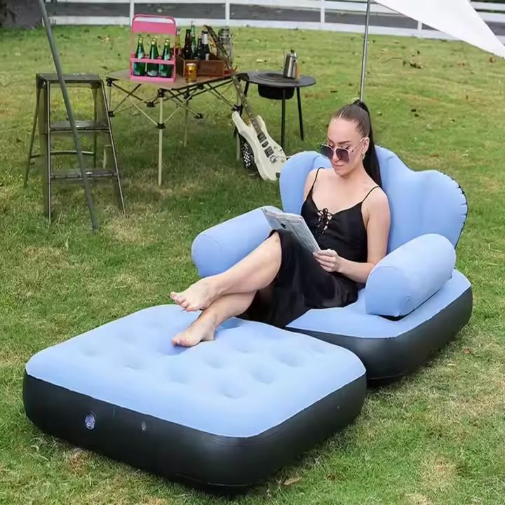5 In 1 Inflatable Couch Lazy Sofa Bed With L-shaped Armrest / 1 Seater Grey Sofa Pull Out Bed With Electric Pump