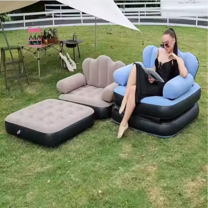 5 In 1 Inflatable Couch Lazy Sofa Bed With L-shaped Armrest / 1 Seater Grey Sofa Pull Out Bed With Electric Pump