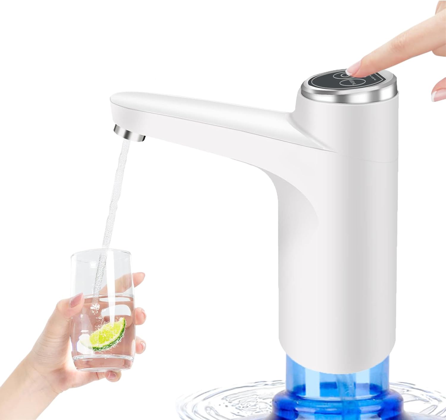 USB Portable Electric Rechargeable Water Pump for 5 Gallon Bottle - Universal 2-5 Gallon Dispenser for Home, Camping, Office - Whitee