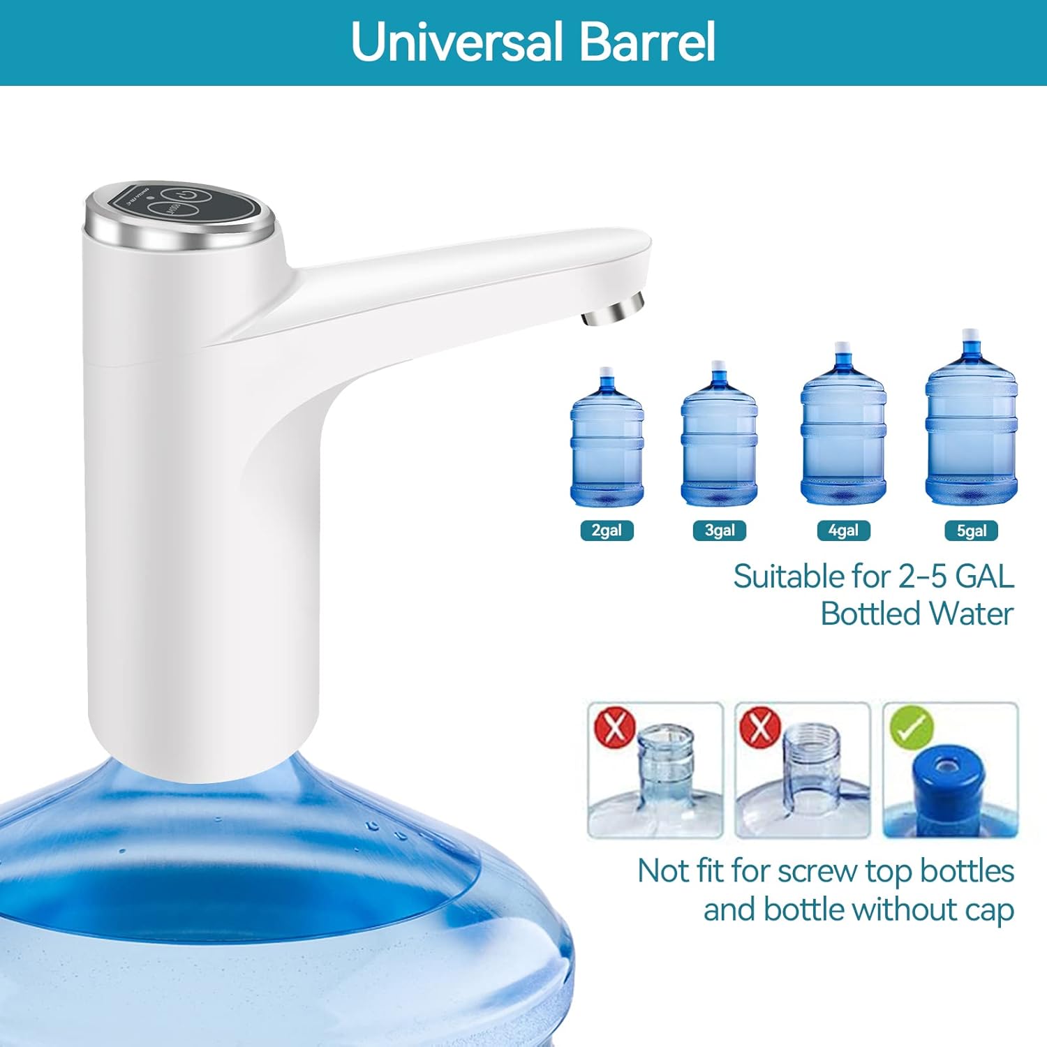 USB Portable Electric Rechargeable Water Pump for 5 Gallon Bottle - Universal 2-5 Gallon Dispenser for Home, Camping, Office - Whitee