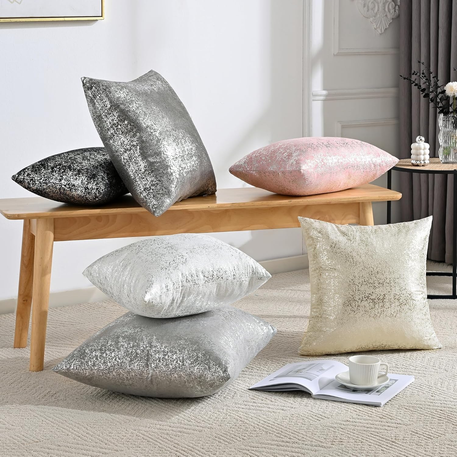 5 COMBO of Sparkling Decorative Pillow Covers Set of 5,Sliver Glitter Throw Pillows Cover 145x45 cm for Living Room Bed Sofa Couch, Morden Home Luxury Decor(45x45,Sliver Champagne)
