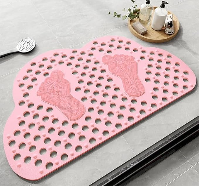 Cloud Shower Stall Mat with Suction Cups and Drain Holes,Non Slip Shower Mat, Nonslip Bath Mat for Bathroom, Bath Tub Mat Bathroom with Footprint Shape,Non Slip Shower Mats With massage.(Pink,36x70cm/