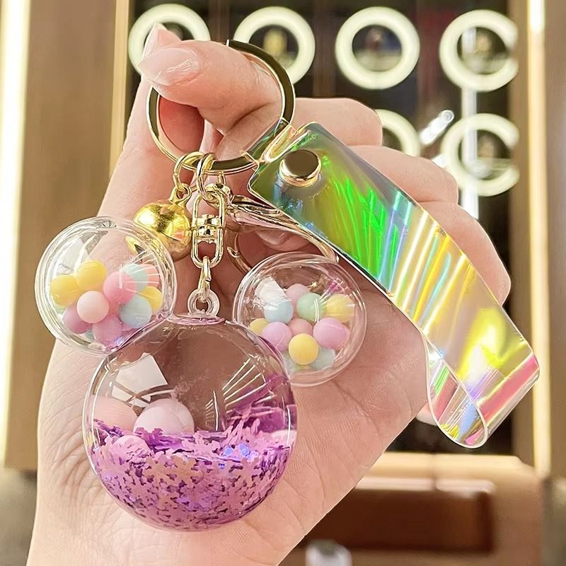 Acrylic KeyHolders Fashion Creative Mickey School Bag Keyring Pendant Cartoon Liquid Into Oil Drift Bottle Keychain