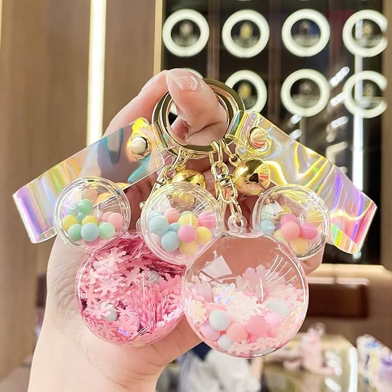 Acrylic KeyHolders Fashion Creative Mickey School Bag Keyring Pendant Cartoon Liquid Into Oil Drift Bottle Keychain