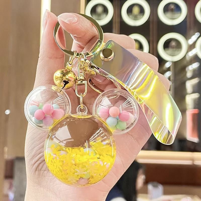 Acrylic KeyHolders Fashion Creative Mickey School Bag Keyring Pendant Cartoon Liquid Into Oil Drift Bottle Keychain