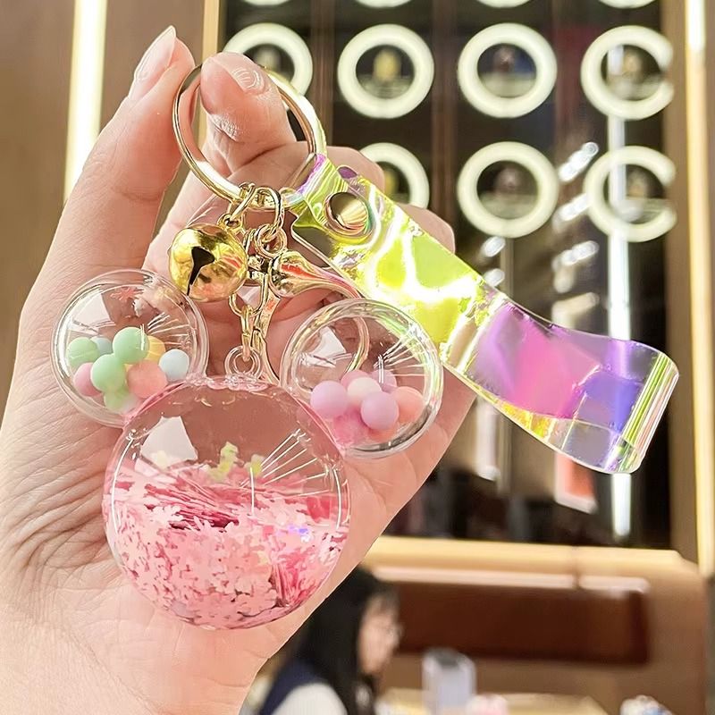 Acrylic KeyHolders Fashion Creative Mickey School Bag Keyring Pendant Cartoon Liquid Into Oil Drift Bottle Keychain