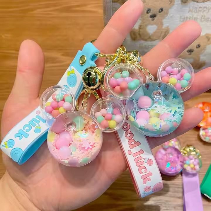 Acrylic KeyHolders Fashion Creative Mickey School Bag Keyring Pendant Cartoon Liquid Into Oil Drift Bottle Keychain