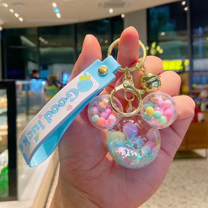 Acrylic KeyHolders Fashion Creative Mickey School Bag Keyring Pendant Cartoon Liquid Into Oil Drift Bottle Keychain