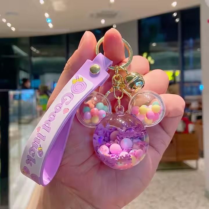Acrylic KeyHolders Fashion Creative Mickey School Bag Keyring Pendant Cartoon Liquid Into Oil Drift Bottle Keychain