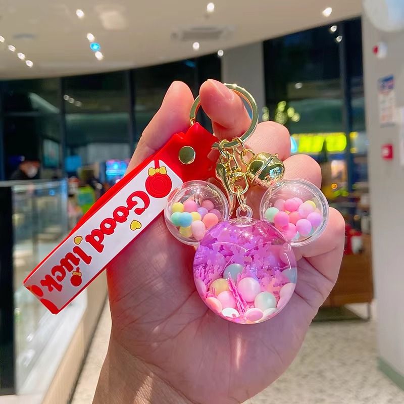 Acrylic KeyHolders Fashion Creative Mickey School Bag Keyring Pendant Cartoon Liquid Into Oil Drift Bottle Keychain