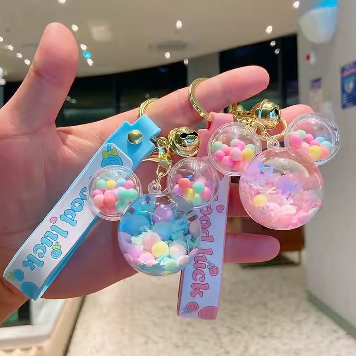 Acrylic KeyHolders Fashion Creative Mickey School Bag Keyring Pendant Cartoon Liquid Into Oil Drift Bottle Keychain