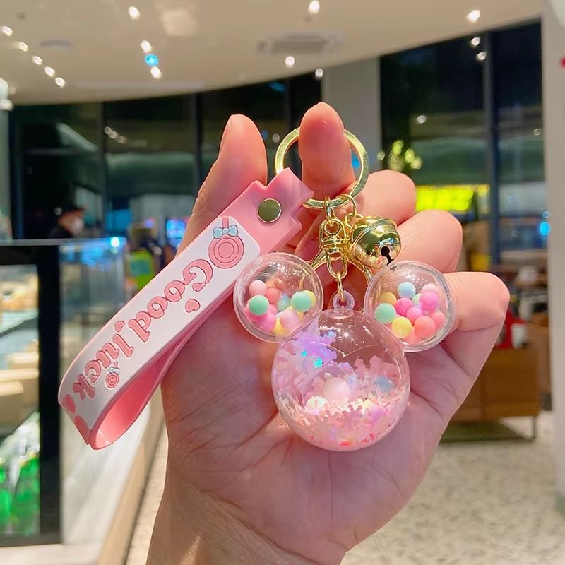 Acrylic KeyHolders Fashion Creative Mickey School Bag Keyring Pendant Cartoon Liquid Into Oil Drift Bottle Keychain