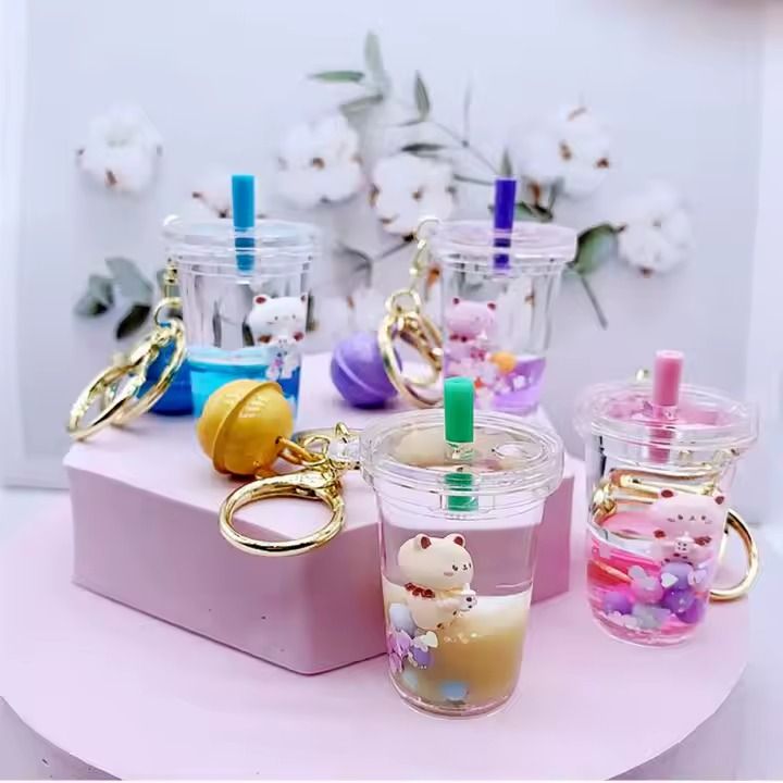 Acrylic KeyHolders Fashion Creative Mickey School Bag Cute Bubble Tea Floating, Liquid Acrylic Keychain