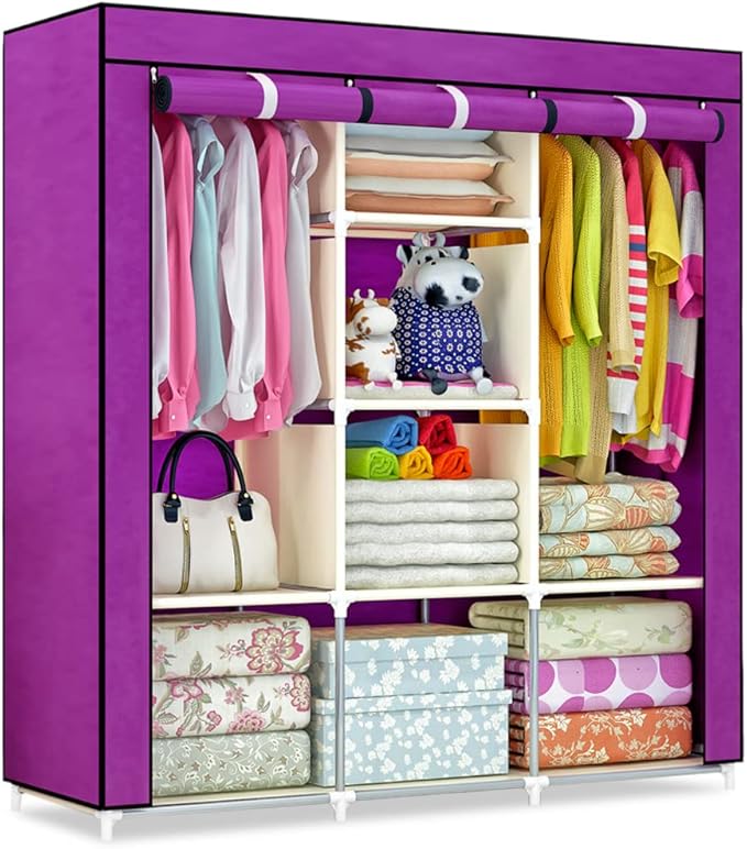 Portable Wardrobe Closet, 47 Inch Clothes Storage Organizer Rack Shelves, Non-Woven Fabric Cover Standing Closet with 2 Hanging Rods, Durable, Quick and Easy Assembly