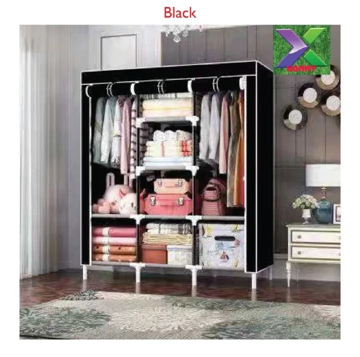 Portable Wardrobe Closet, 47 Inch Clothes Storage Organizer Rack Shelves, Non-Woven Fabric Cover Standing Closet with 2 Hanging Rods, Durable, Quick and Easy Assembly