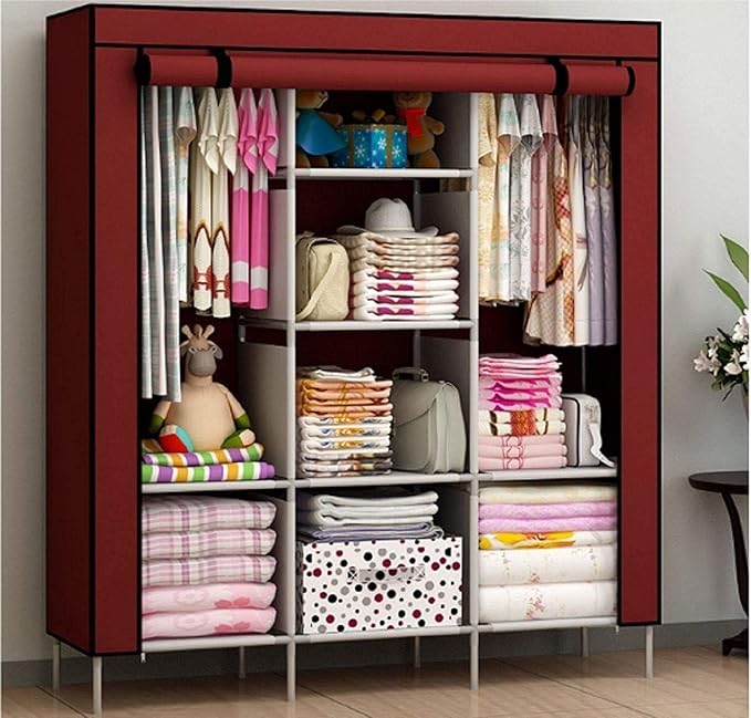 Portable Wardrobe Closet, 47 Inch Clothes Storage Organizer Rack Shelves, Non-Woven Fabric Cover Standing Closet with 2 Hanging Rods, Durable, Quick and Easy Assembly