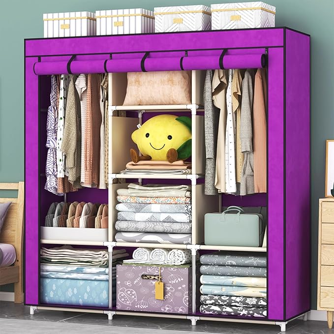 Portable Wardrobe Closet, 47 Inch Clothes Storage Organizer Rack Shelves, Non-Woven Fabric Cover Standing Closet with 2 Hanging Rods, Durable, Quick and Easy Assembly