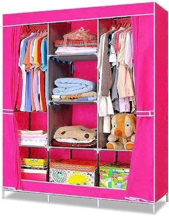 Portable Wardrobe Closet, 47 Inch Clothes Storage Organizer Rack Shelves, Non-Woven Fabric Cover Standing Closet with 2 Hanging Rods, Durable, Quick and Easy Assembly