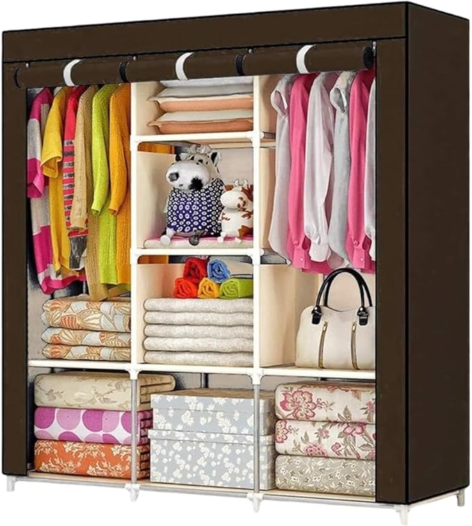 Portable Wardrobe Closet, 47 Inch Clothes Storage Organizer Rack Shelves, Non-Woven Fabric Cover Standing Closet with 2 Hanging Rods, Durable, Quick and Easy Assembly
