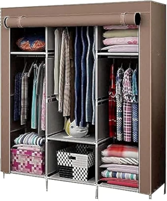 Portable Wardrobe Closet, 47 Inch Clothes Storage Organizer Rack Shelves, Non-Woven Fabric Cover Standing Closet with 2 Hanging Rods, Durable, Quick and Easy Assembly