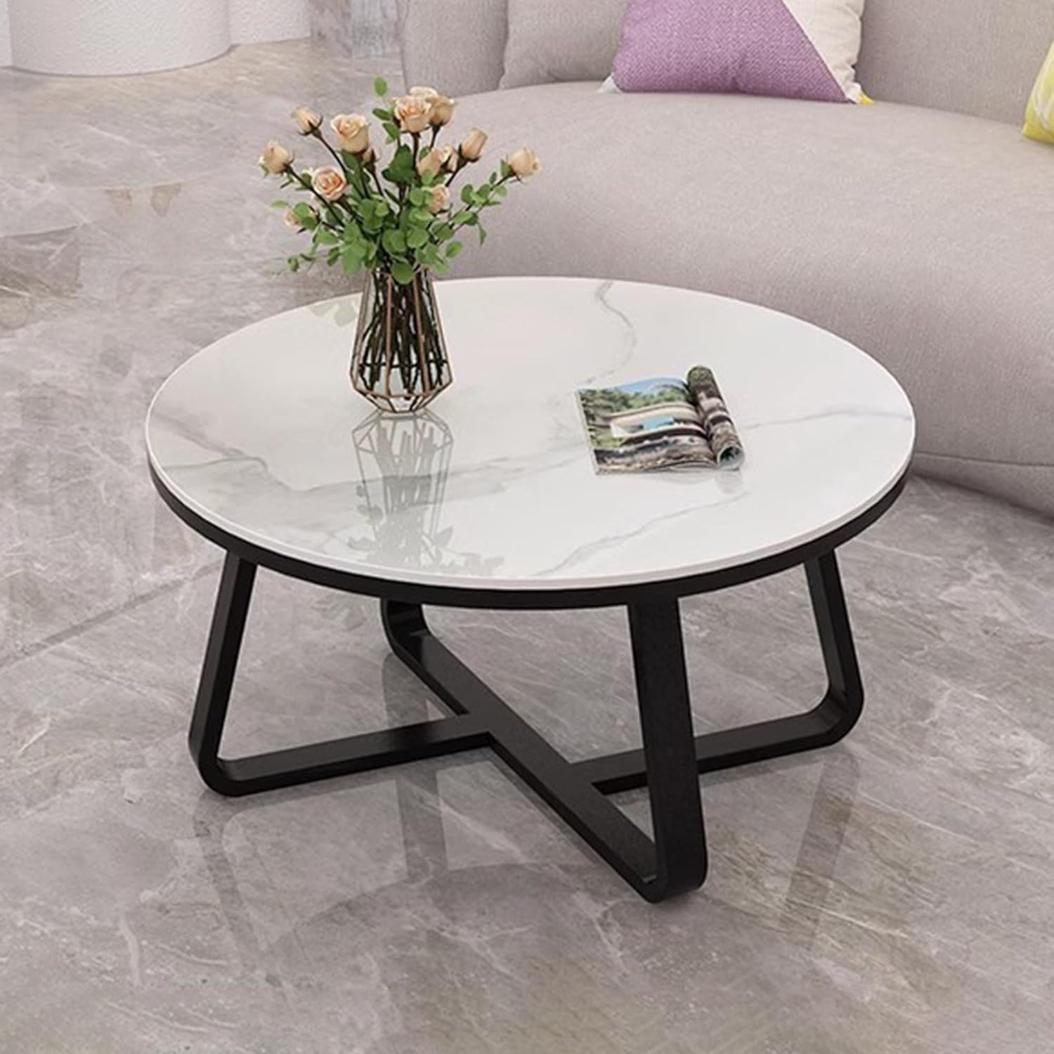 1 PC Coffee Table, Round Side Table with Sturdy Wood Frame, Modern Marble Table Top, Round Coffee Tables for Living Room, Office, Home, Easy Assembly