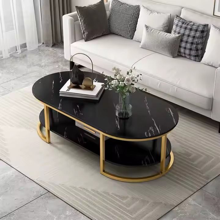 1 PC Modern Oval Faux Marble Coffee Table with Gold Metal Frame Living Room Table with Shelf Cocktail Table - Shelves Included 18" H x 39.5" L x 19.5" W