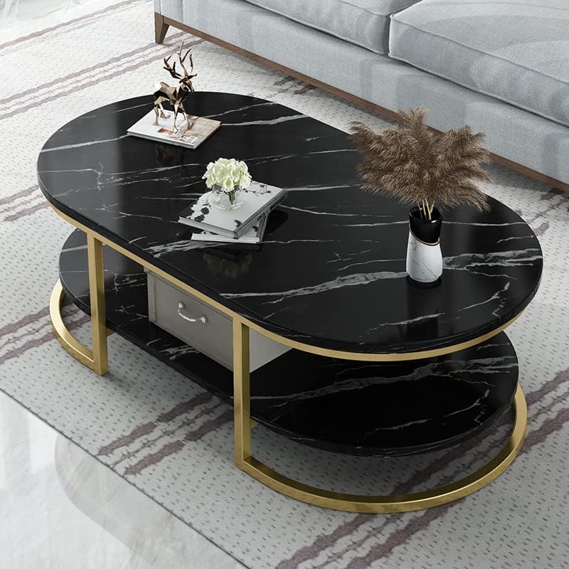 1 PC Modern Oval Faux Marble Coffee Table with Gold Metal Frame Living Room Table with Shelf Cocktail Table - Shelves Included 18" H x 39.5" L x 19.5" W