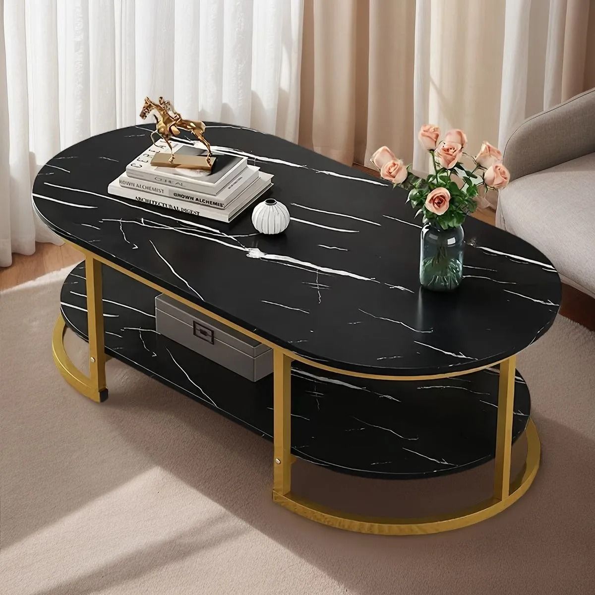 1 PC Modern Oval Faux Marble Coffee Table with Gold Metal Frame Living Room Table with Shelf Cocktail Table - Shelves Included 18" H x 39.5" L x 19.5" W