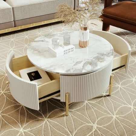 1 PC Modern Round Coffee Table with 1 Large Drawers Storage Accent Table