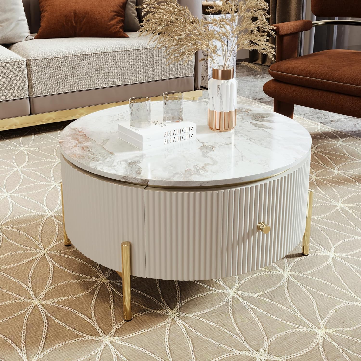 1 PC Modern Round Coffee Table with 1 Large Drawers Storage Accent Table