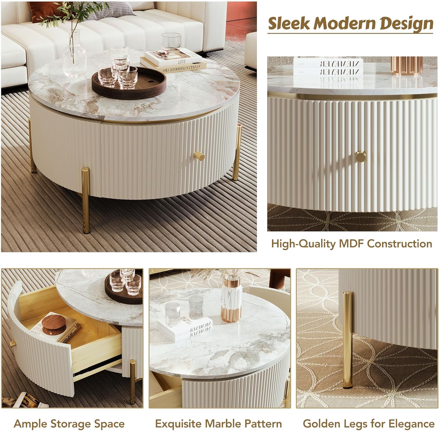 1 PC Modern Round Coffee Table with 1 Large Drawers Storage Accent Table