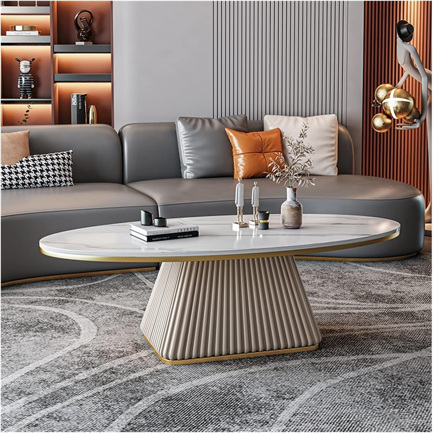 1 PC Unique Coffee Table, Luxury Slate Coffee Table, Modern Oval Coffee Table with Metal Iron Frame, Household Creative Living Room Center Table, Easy to Assemble,Coffee Tables for Small Spaces