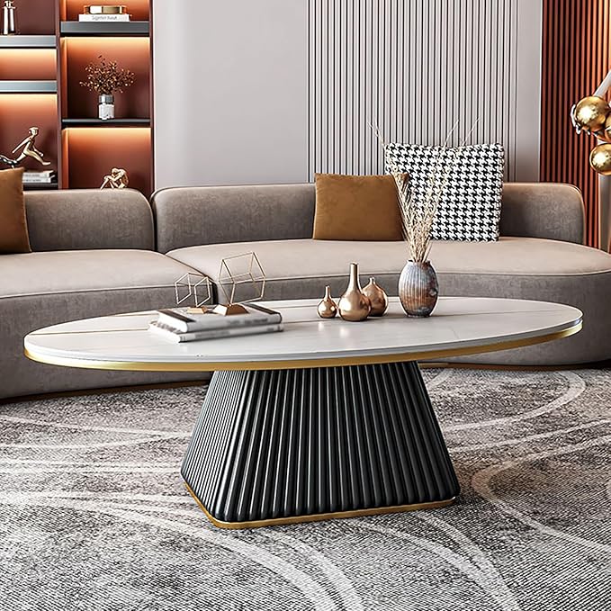 1 PC Unique Coffee Table, Luxury Slate Coffee Table, Modern Oval Coffee Table with Metal Iron Frame, Household Creative Living Room Center Table, Easy to Assemble,Coffee Tables for Small Spaces