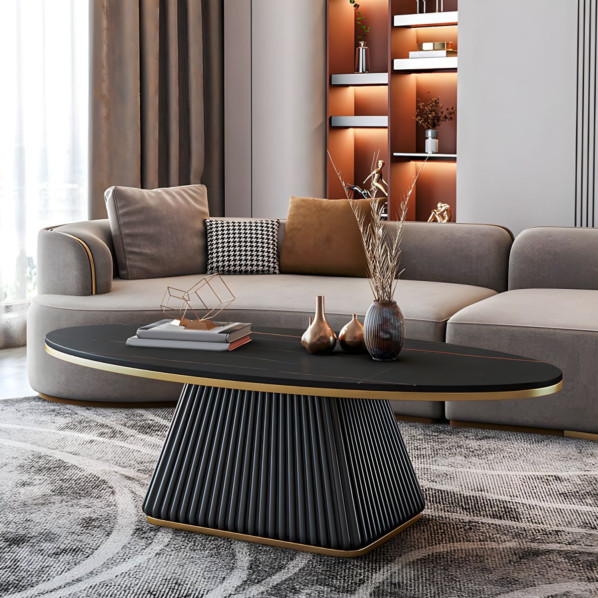 1 PC Unique Coffee Table, Luxury Slate Coffee Table, Modern Oval Coffee Table with Metal Iron Frame, Household Creative Living Room Center Table, Easy to Assemble,Coffee Tables for Small Spaces