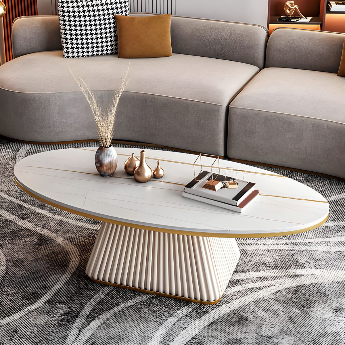 1 PC Unique Coffee Table, Luxury Slate Coffee Table, Modern Oval Coffee Table with Metal Iron Frame, Household Creative Living Room Center Table, Easy to Assemble,Coffee Tables for Small Spaces