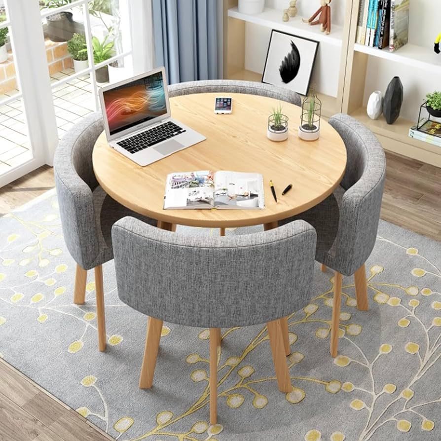 Dining Table Set Table and Chairs Set for Home, 80cm Round Table Living Room Reception Leisure Table Kitchen Dining Table and Chairs 4 Cotton and Linen Chairs