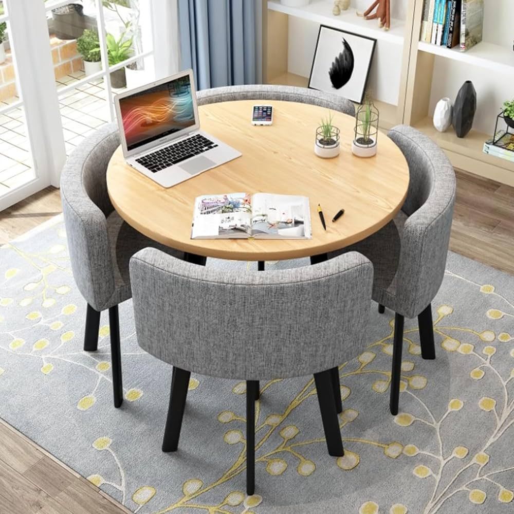 Dining Table Set Table and Chairs Set for Home, 80cm Round Table Living Room Reception Leisure Table Kitchen Dining Table and Chairs 4 Cotton and Linen Chairs