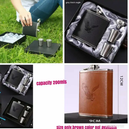 200ml Stainless Steel Leather Hip Whisky Flask, Liquor Bottle With 2 Tot Cup/Gift Set Brown, Black Color