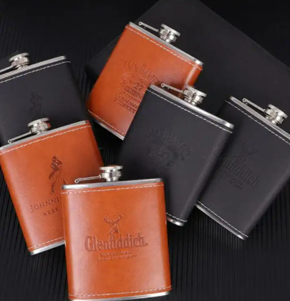 200ml Stainless Steel Leather Hip Whisky Flask, Liquor Bottle With 2 Tot Cup/Gift Set Brown, Black Color
