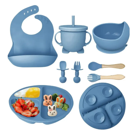 8PCS Silicone Baby Feeding Set, Baby Led Weaning Supplies with Suction Bowl Divided Plate, Toddler Self Feeding Dish Set with Spoons Forks Sippy Cup Adjustable Bib, Baby Eating Utensils