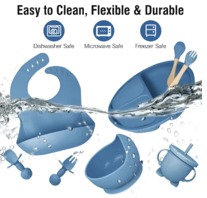 8PCS Silicone Baby Feeding Set, Baby Led Weaning Supplies with Suction Bowl Divided Plate, Toddler Self Feeding Dish Set with Spoons Forks Sippy Cup Adjustable Bib, Baby Eating Utensils