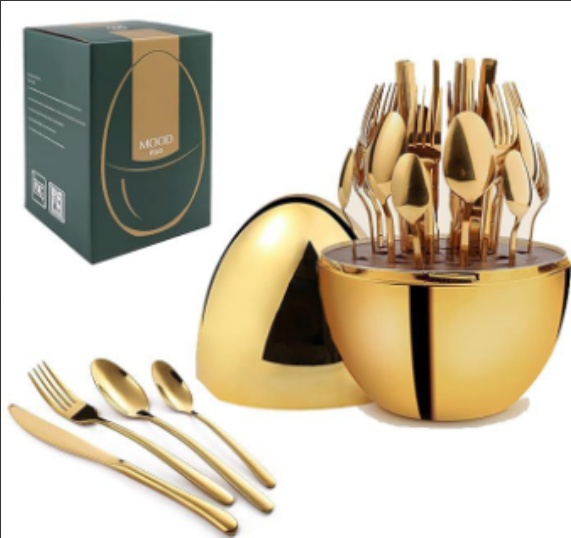 36pc Executive Egg-Shaped Cutlery Set Gold colour Package includes 🥏9 Dinner Knives🥏9 Dinner Forks🥏9 Table Spoons🥏9 Tea Spoons🙏 1 Egg shaped case 🙏