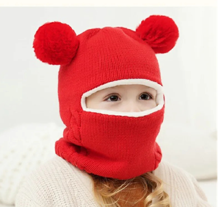 Baby Boy Girl Hat And Scarf All In One Winter Thicken Plus Velvet Face Ear Protection Knitted Cap Toddler Children Kids Warm Hat