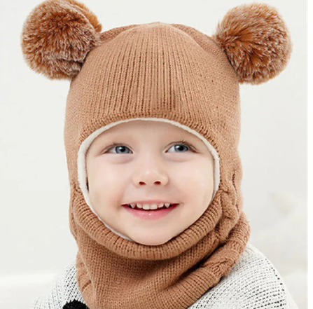 Baby Boy Girl Hat And Scarf All In One Winter Thicken Plus Velvet Face Ear Protection Knitted Cap Toddler Children Kids Warm Hat