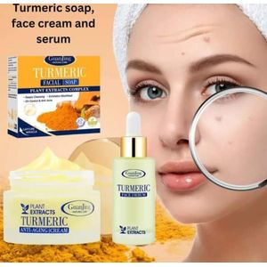 Guangin 3in1 Tumeric facial set of Serum,Face Cream and Soap for Brightening, Anti-aging, Anti-wrinkle, Removes Dead skin , oily skin and smoothes